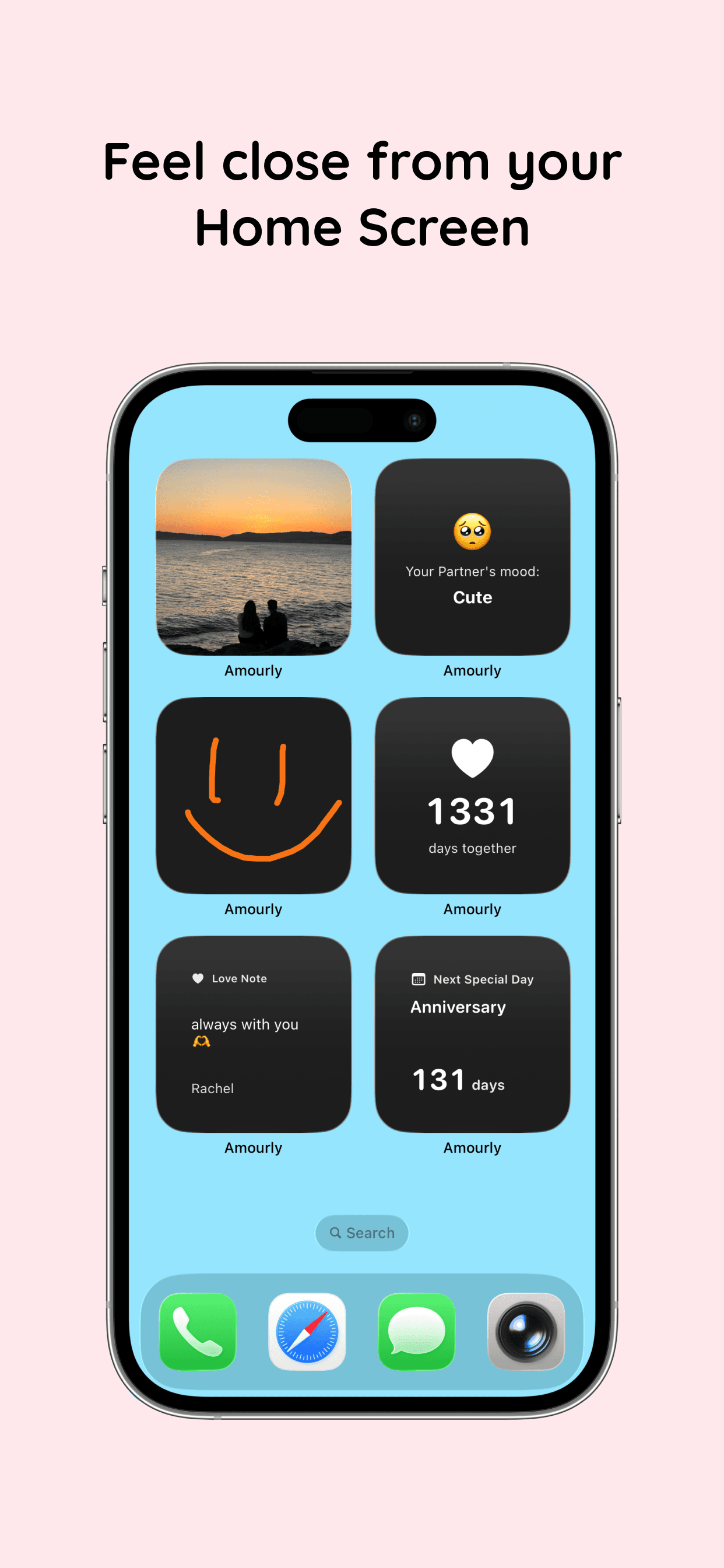 Amourly couple widgets on an iPhone Home Screen